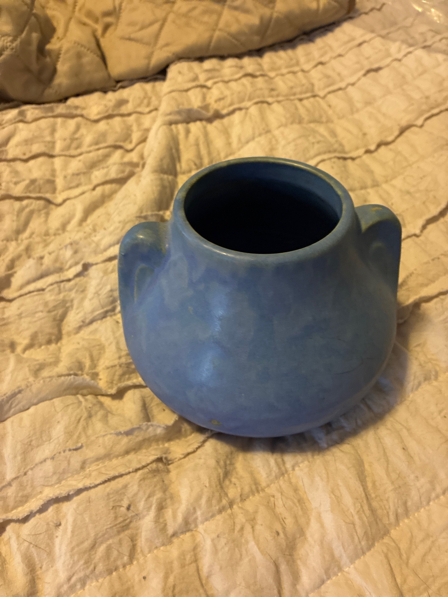 Submitted photo of Matte blue ceramic handled vase (not authenticated)