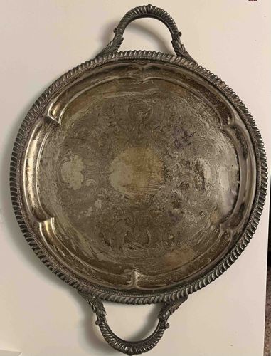 Ornate Silver-Plated Embossed Serving Tray with Handles