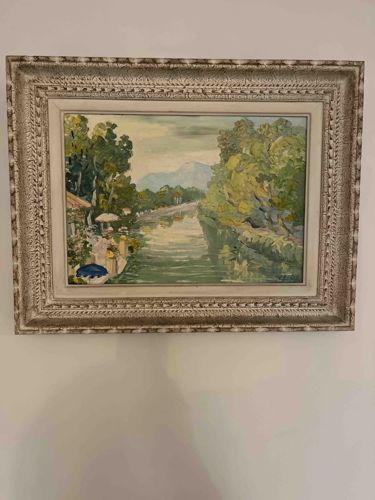 Framed Landscape Painting featuring a River and Mountain