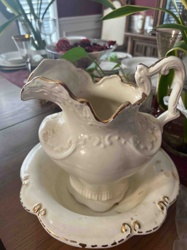 Cream Ceramic Washbasin and Pitcher Set with Gold Trim