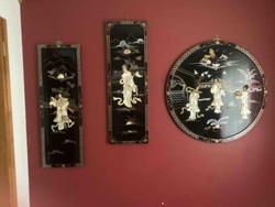 Asian Black Lacquer and Mother-of-Pearl Inlay Wall Art Panel Set