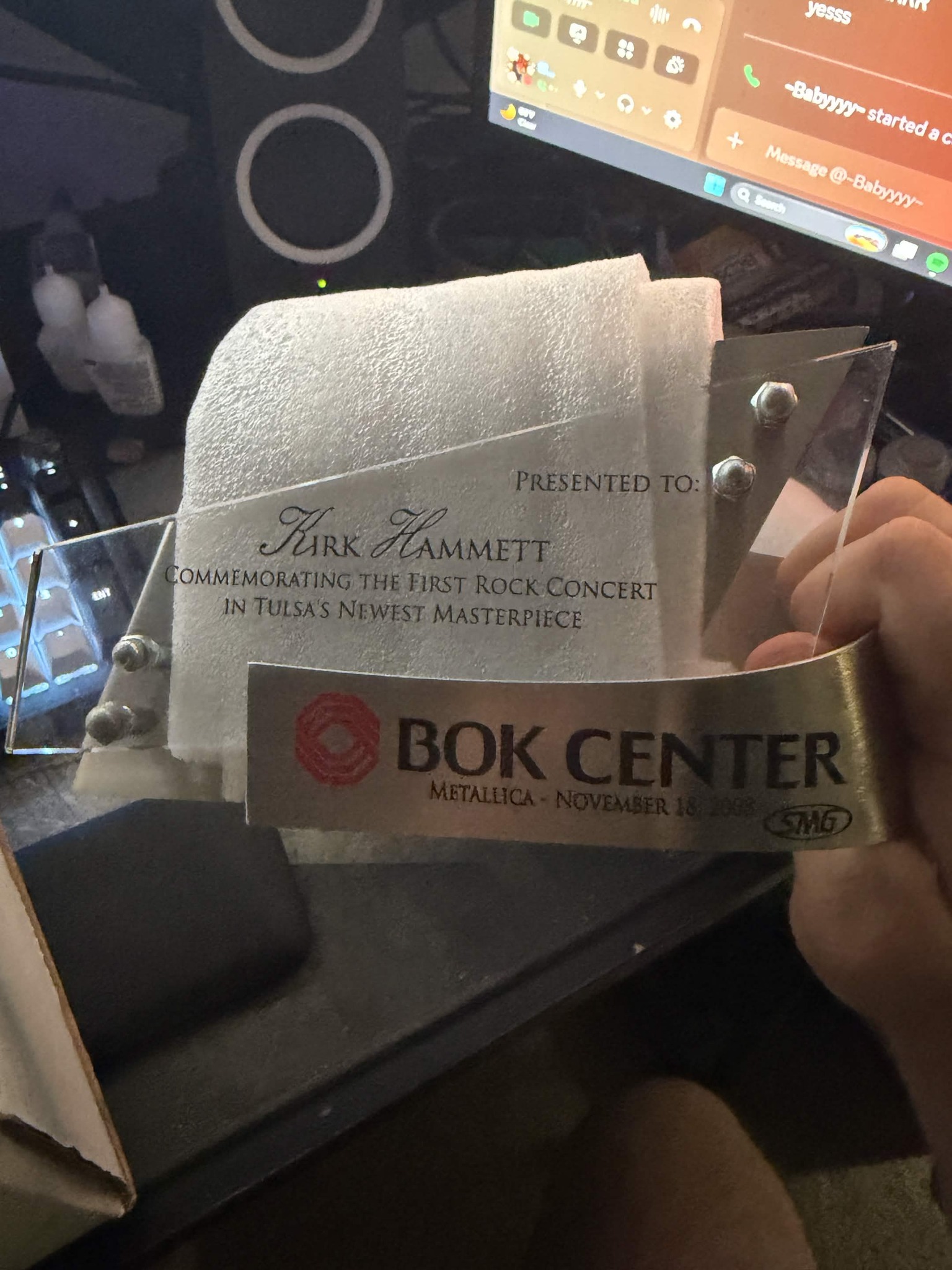 Submitted photo of Commemorative acrylic and metal trophy inscribed 'Kirk Hammett' (unauthenticated)