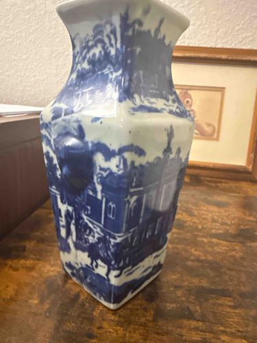 Blue and White Transferware Octagonal Vase