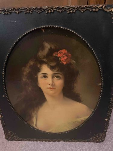 Late Victorian Oval Portrait of a Young Woman with Red Flowers