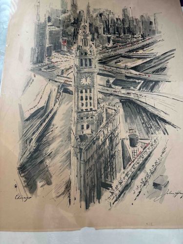 Mid-Century Chicago Wrigley Building Illustration by John Hayms
