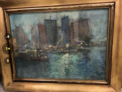 Oil Painting: Harbor Scene with Sailboats
