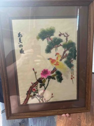 Framed Silk Embroidery of Birds and Flowers