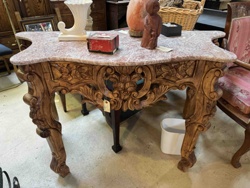 Carved Wood Console Table with Marble Top