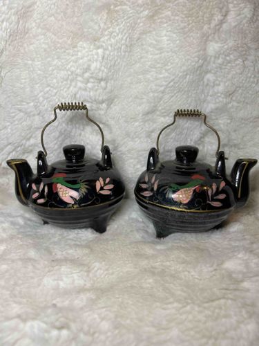 Mid-Century Black Ceramic Rooster Salt and Pepper Shakers