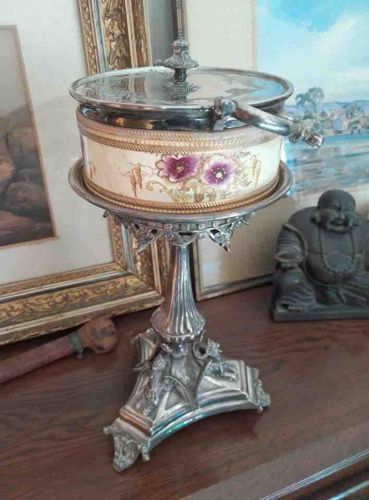 Silver-Plated and Ceramic Butter Dish with Stand