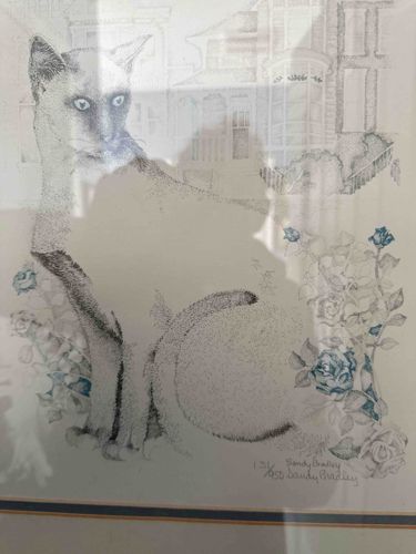 Framed Stipple Art Print: Siamese Cat, Victorian House, and Roses