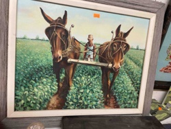 Rural Farming Scene Painting with Mules and Farmer