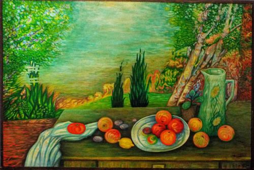 Post-Impressionist Style Still Life with Landscape Background