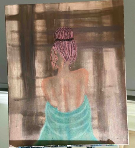 Mixed Media Portrait of a Woman with Pink Hair