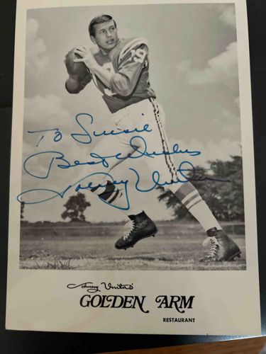Johnny Unitas Autographed Black and White Photo from Golden Arm Restaurant