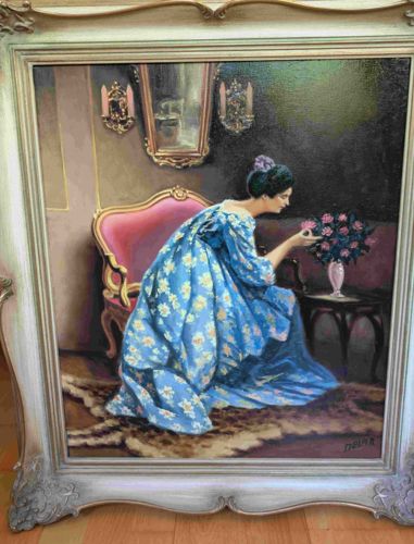 Oil Painting of a Woman in Blue Gown Examining Flowers