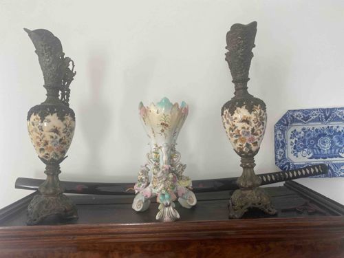 Pair of Ornate Metal-Mounted Floral Porcelain Ewers and Porcelain Centerpiece Vase