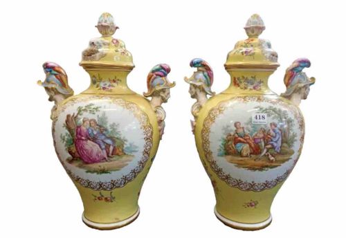 Pair of Dresden Helena Wolfsohn Yellow-Ground Porcelain Covered Urns