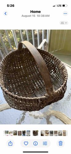 Handwoven Rustic Wood Splint Basket with Bentwood Handle