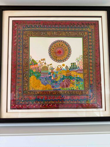 Framed Folk Art Style Cityscape Print with Mandala Sun