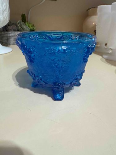 Fenton Blue Opalescent Hobnail Ruffled Bowl