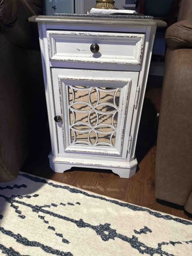 Distressed White Accent Cabinet with Drawer and Mirrored Door