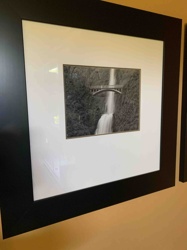 Framed Black and White Photograph of a Waterfall with Bridge