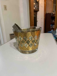 Vintage Gold and Green Moroccan Pattern Ice Bucket with Tongs