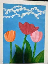 Three Tulips Against a Blue Sky with Clouds (Acrylic Painting)