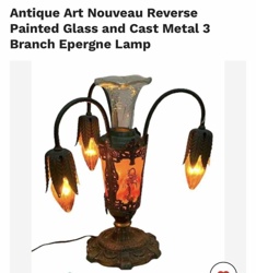 Antique Art Nouveau Reverse Painted Glass and Cast Metal 3-Branch Epergne Lamp
