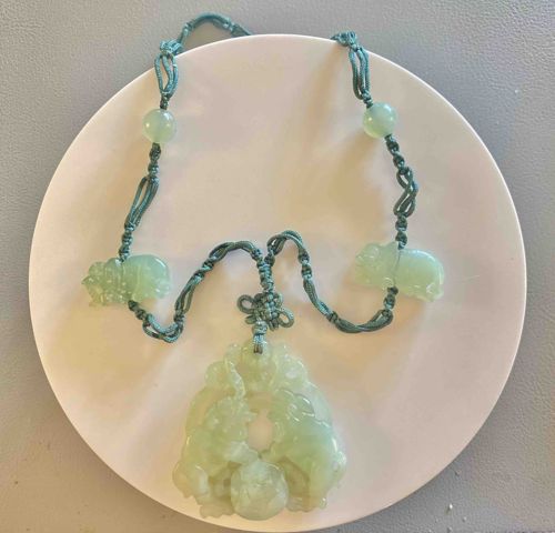 Carved Jadeite Pendant Necklace with Animal Motifs