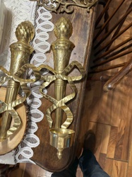 Pair of Brass Wall Sconces with Ribbon and Pineapple Finial