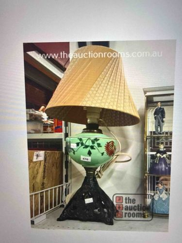Victorian Era-Style Table Lamp with Hand-Painted Glass Font