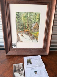 Framed Watercolor Painting of a Forest Cabin and Waterfall with Certificate of Authenticity