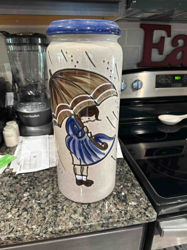 Hand-Painted Ceramic Umbrella Stand / Vase with 'Girl in Rain' Motif