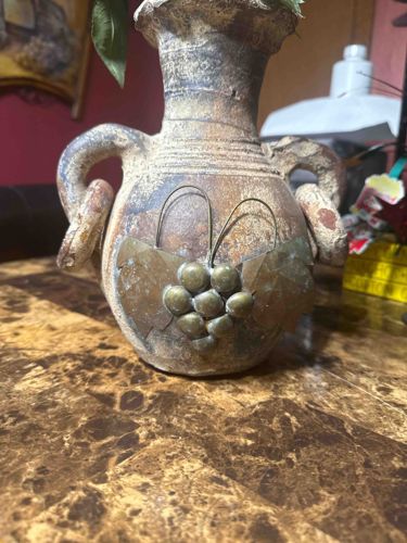 handled Decorative Clay Pot with Grape Motif