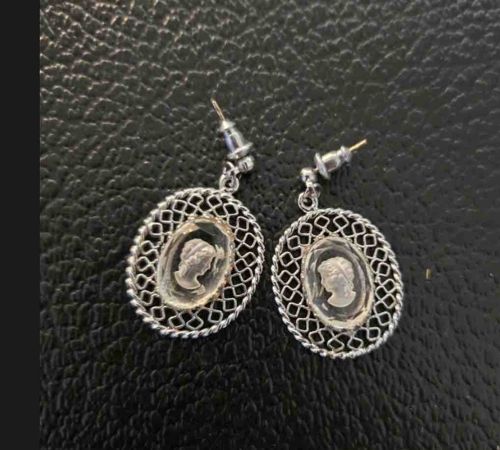 Cameo Dangle Post Earrings with Filigree Frame
