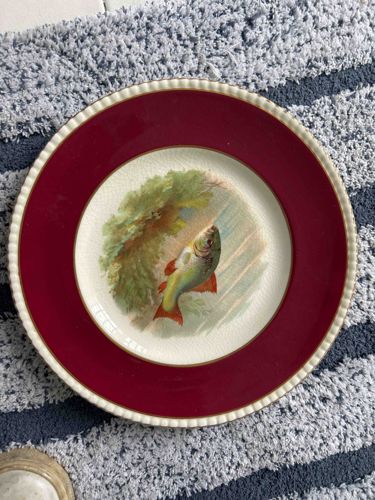 Vintage Fish Themed Decorative Plate with Burgundy Rim
