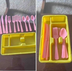 Children's Pink Plastic Cutlery Set with Yellow Tray