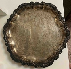 Ornate Silver-Plated Serving Tray with Engraved Design
