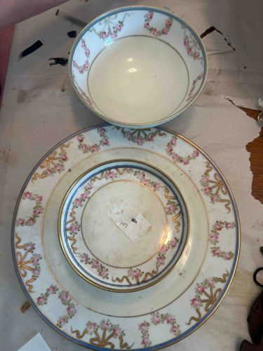 Antique Hand-Painted Porcelain Dinnerware Set (Bowl and Plates)