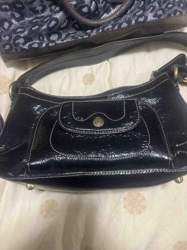 Black Patent Leather Shoulder Bag with Contrast Stitching