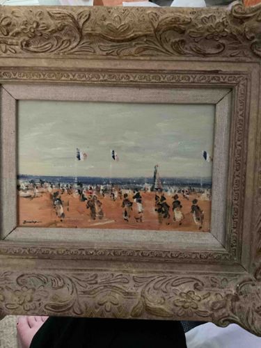 Impressionistic Beach Scene Oil Painting in Ornate Frame