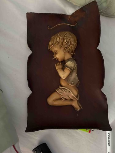 Mid-Century Vintage Anri Style Praying Boy Wood Plaque