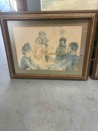 Framed Pastel/Crayon Drawing of Figures at a Table