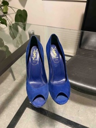 Yves Saint Laurent Royal Blue Suede Peep-Toe High-Heel Pumps