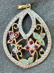 Multi-Gemstone Floral and Scroll Sterling Silver Gold-Tone Pendant