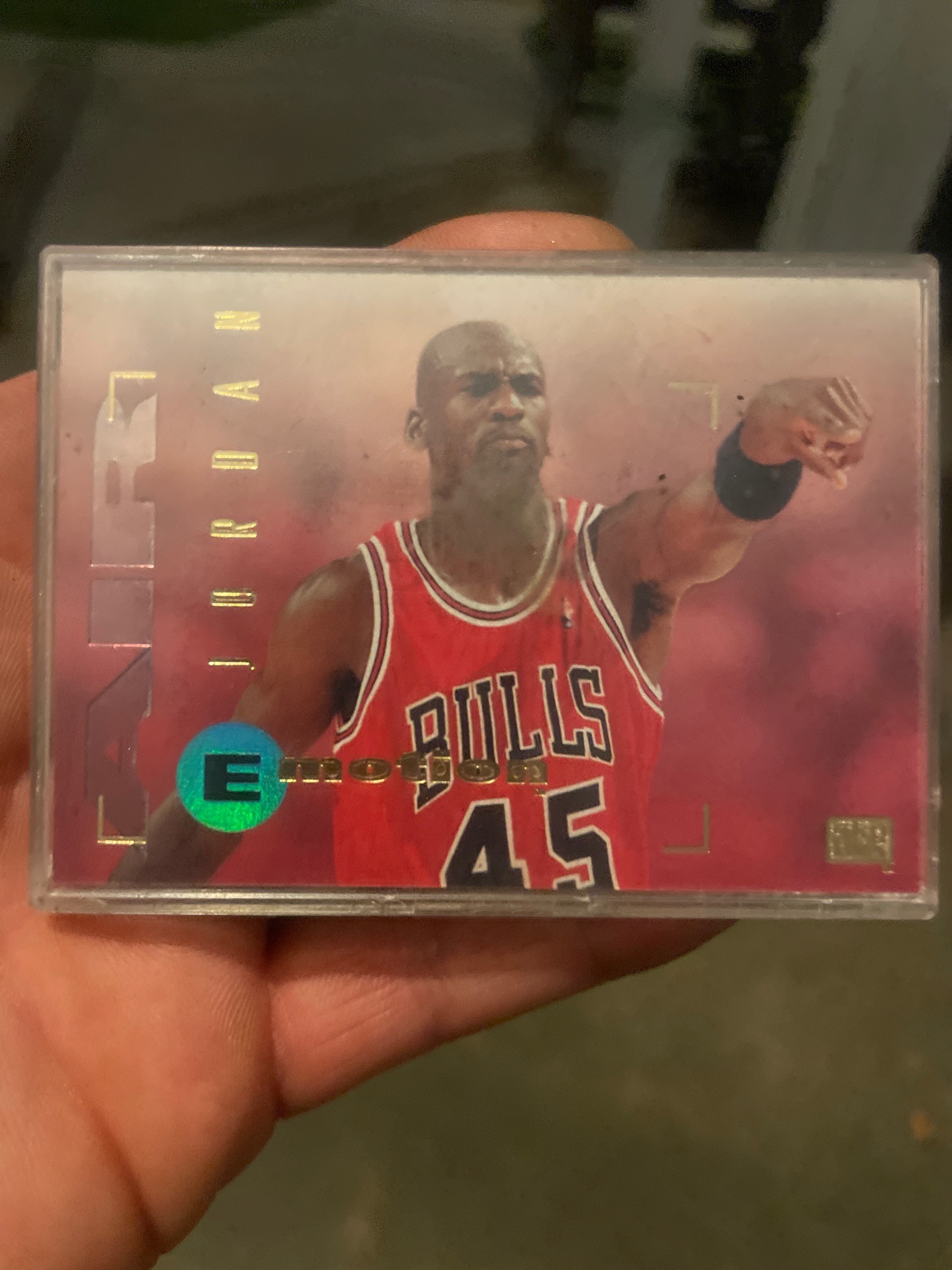Submitted photo of trading card in the style of a 1995 SkyBox E-Motion basketball card featuring Michael Jordan