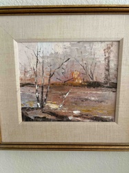 Textured Impasto Landscape Painting of Winter River Scene