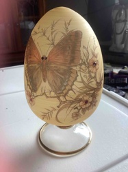Decorated Egg Ornament with Butterfly and Floral Motif on Pedestal Stand
